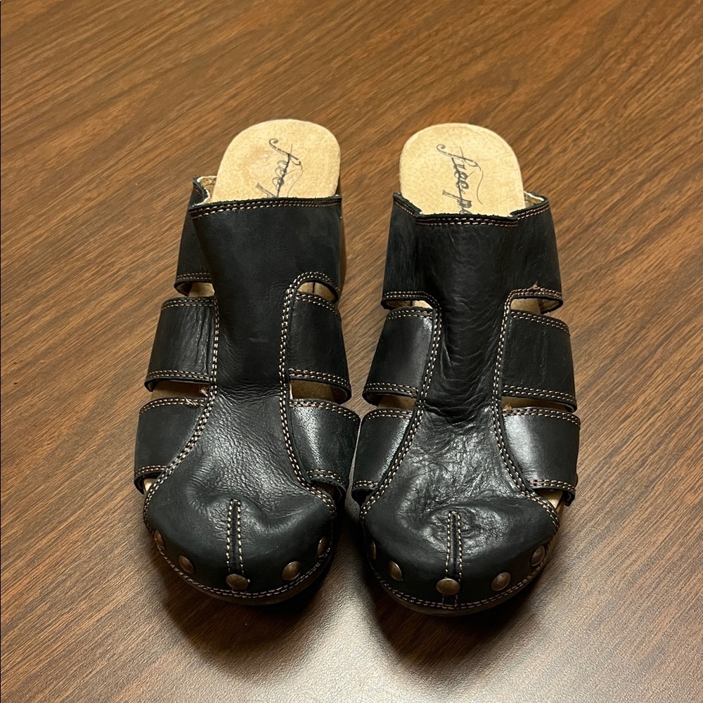 Free People Black Leather Clog Mules